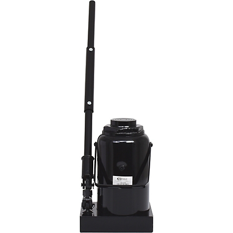 Schwarzer Hydraulikwagenheber mit Griff und Sockel.